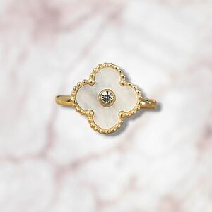 Elegant White & Gold Stainless Steel Clover Ring - Size 9